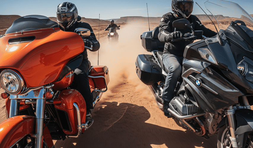 About 7 motorcycles driving trough Sahara